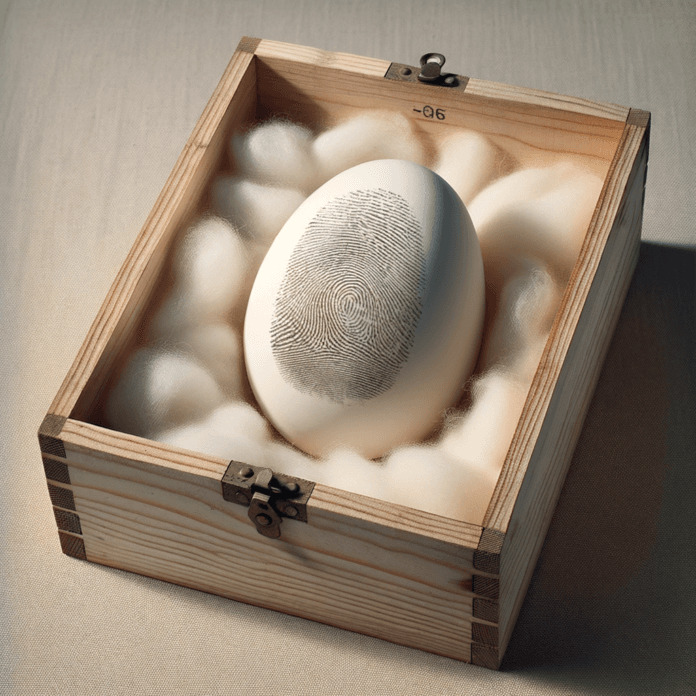 All'interno della scatola, c'è un ovale o un uovo di aspetto liscio e bianco, sul quale è stampata o disegnata un'impronta digitale di grandi dimensioni. La scatola sembra essere fatta di legno non trattato e presenta un cuscinetto di materiale soffice, forse lana o cotone, che funge da nido o supporto per l'oggetto centrale, probabilmente per proteggerlo. L'impronta digitale apposta sull'oggetto crea un contrasto visivo diretto tra la forma organica e naturale dell'uovo e l'unicità personale dell'impronta, che è tradizionalmente associata all'identificazione individuale. Questo può suggerire temi di identità, creazione e firma artistica. La scatola stessa potrebbe avere una funzione espositiva, oltre a quella di protezione, suggerendo che l'oggetto al suo interno sia di grande valore, come spesso si fa con oggetti preziosi o di grande importanza. La semplicità del materiale della scatola e del supporto contrasta con la singolarità dell'oggetto centrale, che potrebbe essere una metafora dell'arte stessa: qualcosa di unico e prezioso protetto e presentato in un contesto molto più umile e ordinario. All'interno della scatola, c'è un ovale o un uovo di aspetto liscio e bianco, sul quale è stampata o disegnata un'impronta digitale di grandi dimensioni. La scatola sembra essere fatta di legno non trattato e presenta un cuscinetto di materiale soffice, forse lana o cotone, che funge da nido o supporto per l'oggetto centrale, probabilmente per proteggerlo. L'impronta digitale apposta sull'oggetto crea un contrasto visivo diretto tra la forma organica e naturale dell'uovo e l'unicità personale dell'impronta, che è tradizionalmente associata all'identificazione individuale. Questo può suggerire temi di identità, creazione e firma artistica. La scatola stessa potrebbe avere una funzione espositiva, oltre a quella di protezione, suggerendo che l'oggetto al suo interno sia di grande valore, come spesso si fa con oggetti preziosi o di grande importanza. La semplicità del materiale della scatola e del supporto contrasta con la singolarità dell'oggetto centrale, che potrebbe essere una metafora dell'arte stessa: qualcosa di unico e prezioso protetto e presentato in un contesto molto più umile e ordinario.