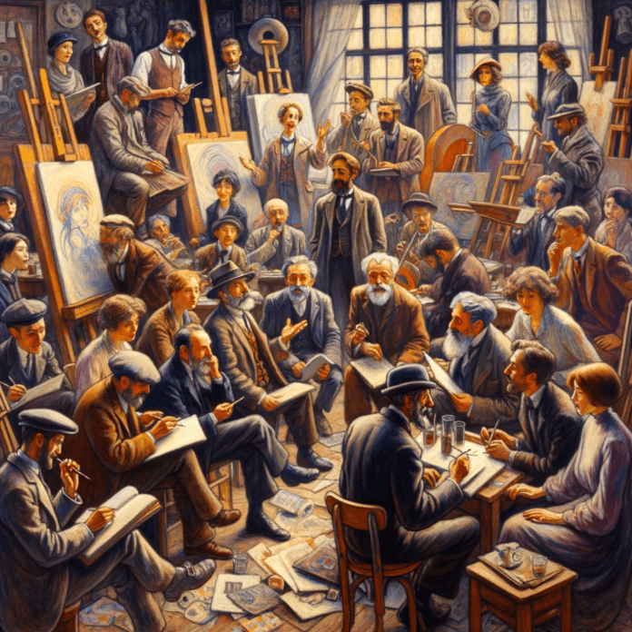 rappresenta André Salmon il critico d'arte, poeta e scrittore francese con gli amici artisti rappresenta André Salmon il critico d'arte, poeta e scrittore francese con gli amici artisti