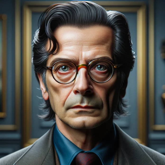 DALL·E 2024-02-08 13.17.49 - A middle-aged man inspired by Italian art critic Vittorio Sgarbi. He has dark hair, slicked back, and expressive, intense eyes, often wearing glasses