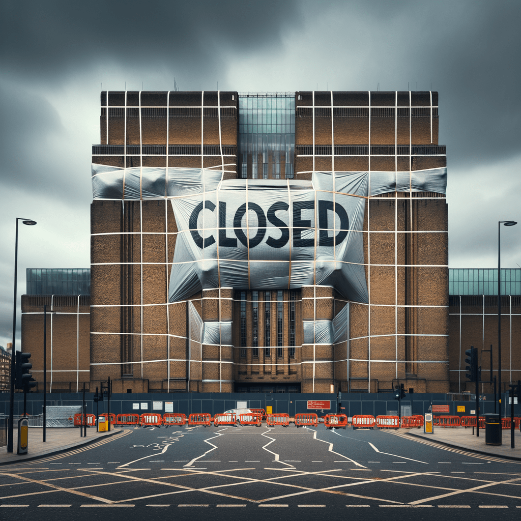 La Tate Modern di londra avvolta di cartelli CLOSED