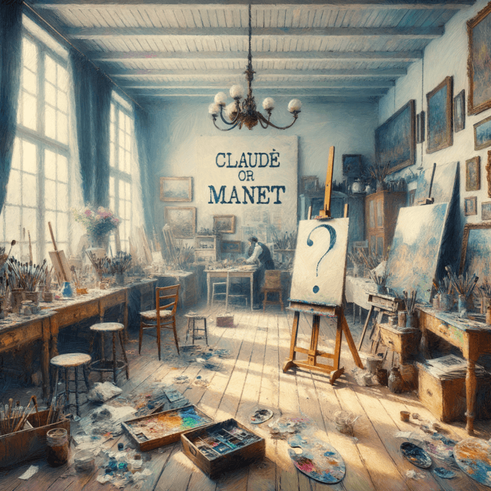crea un quadro impressionista in un atelier del tempo, con un punto interrogativo e al scritta claude Monet? o Manet? crea un quadro impressionista in un atelier del tempo, con un punto interrogativo e al scritta claude Monet? o Manet?