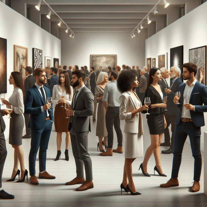 una galleria d'arte durante un vernissage con il pubblico una galleria d'arte durante un vernissage con il pubblico