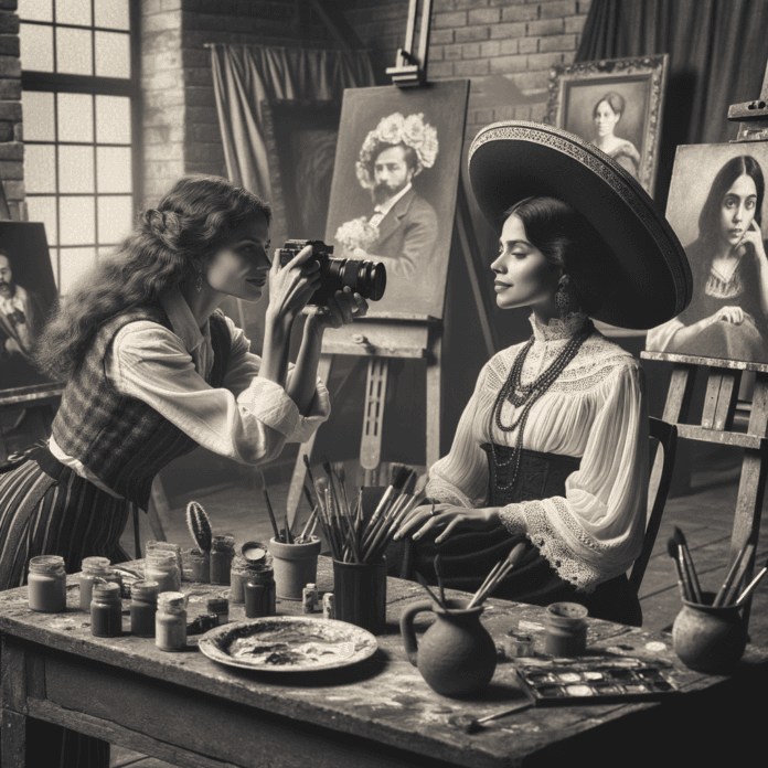 una immagine ispirata alla fotografa Tina Modotti che fotografa l'artista messicana Frida Kahlo, una immagine ispirata alla fotografa Tina Modotti che fotografa l'artista messicana Frida Kahlo,