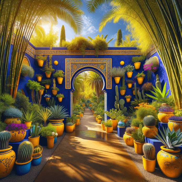 Visitare il Jardin Majorelle significa immergersi in un mondo di colori vivaci e piante esotiche. Il blu intenso delle mura, noto come "blu Majorelle", contrasta magnificamente con il verde delle piante e il giallo dei vasi. Il giardino ospita più di 300 specie di piante provenienti da cinque continenti, tra cui palme, bambù, cactus e fiori rari.