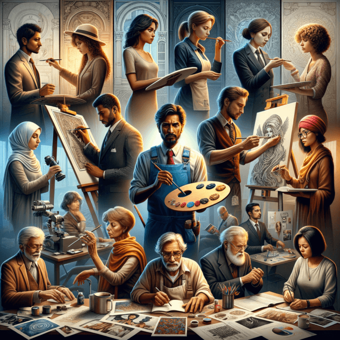 "Professionisti dell'Arte: Competenze e Ruoli nell'Industria Creativa" Dettaglia le diverse figure professionali nel campo dell'arte, le loro competenze specifiche e come queste figure collaborano per promuovere e gestire efficacemente l'arte.