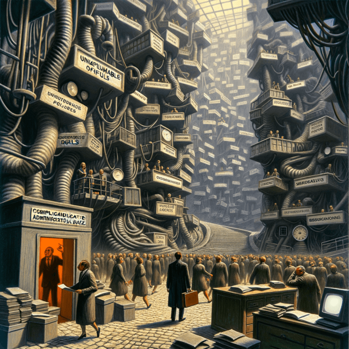 a burocrazia, nelle opere di Kafka, è simboleggiata da labirinti amministrativi inestricabili, regole incomprensibili e funzionari inaccessibili, che insieme creano un sistema apparentemente progettato per confondere, sopraffare e alienare l'individuo.