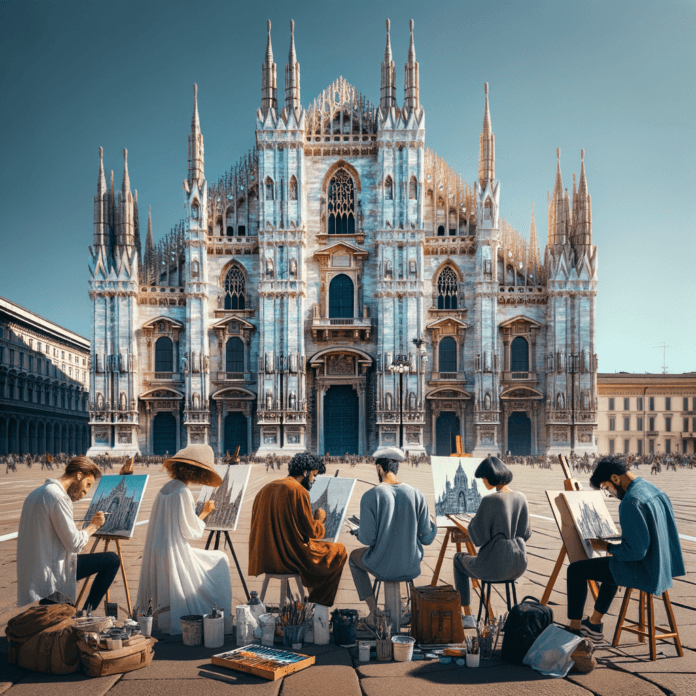 il duomo di milano con 5 artisti che dipingono davanti a lui il duomo di milano con 5 artisti che dipingono davanti a lui