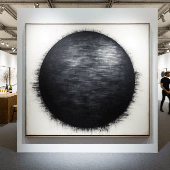 richard serra: "Un'immagine di un grande disegno astratto che presenta un cerchio nero opaco su sfondo bianco. Il cerchio è realizzato con un medium che sembra pastello a olio o carboncino, con tratti densi e texture grezze. Il cerchio è posizionato centralmente sul piano e si distingue per la sua intensità e profondità di colore. Il bordo inferiore del cerchio sfuma leggermente nell'ambiente circostante, suggerendo un senso di movimento o di dissolvenza. L'opera è contenuta entro una cornice sottile e semplice, che ne delimita e contrasta la potente espressione visiva." create this artwork in an both of art fair with the public see and galleryst open champagne richard serra: "Un'immagine di un grande disegno astratto che presenta un cerchio nero opaco su sfondo bianco. Il cerchio è realizzato con un medium che sembra pastello a olio o carboncino, con tratti densi e texture grezze. Il cerchio è posizionato centralmente sul piano e si distingue per la sua intensità e profondità di colore. Il bordo inferiore del cerchio sfuma leggermente nell'ambiente circostante, suggerendo un senso di movimento o di dissolvenza. L'opera è contenuta entro una cornice sottile e semplice, che ne delimita e contrasta la potente espressione visiva." create this artwork in an both of art fair with the public see and galleryst open champagne