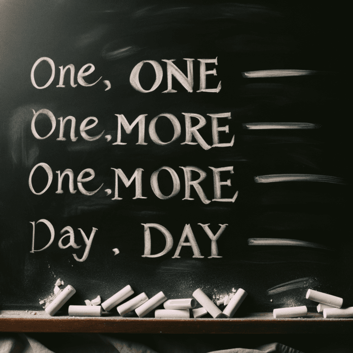 una lavagana con la scritta in gesso ONE MORE DAY una lavagana con la scritta in gesso ONE MORE DAY