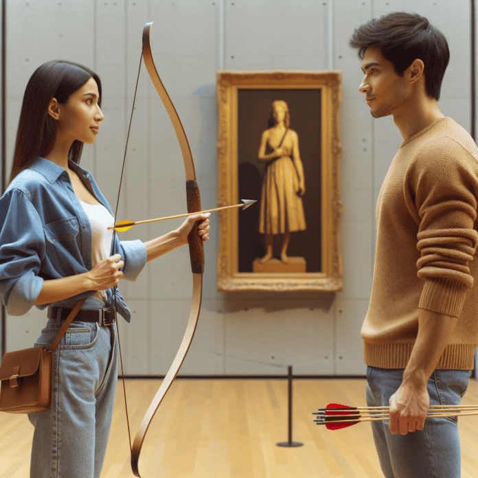 una donna e il suo compagno stanno uno di fronte all'altra. l'uomo tiene in mano un arco e la donna tende una freccia pronta a essere scoccata verso chi l'uomo che le sta di fronte. rappresentali all'interno din un museo, vestiti come due persone normali dei giorni nsotri una donna e il suo compagno stanno uno di fronte all'altra. l'uomo tiene in mano un arco e la donna tende una freccia pronta a essere scoccata verso chi l'uomo che le sta di fronte. rappresentali all'interno din un museo, vestiti come due persone normali dei giorni nsotri