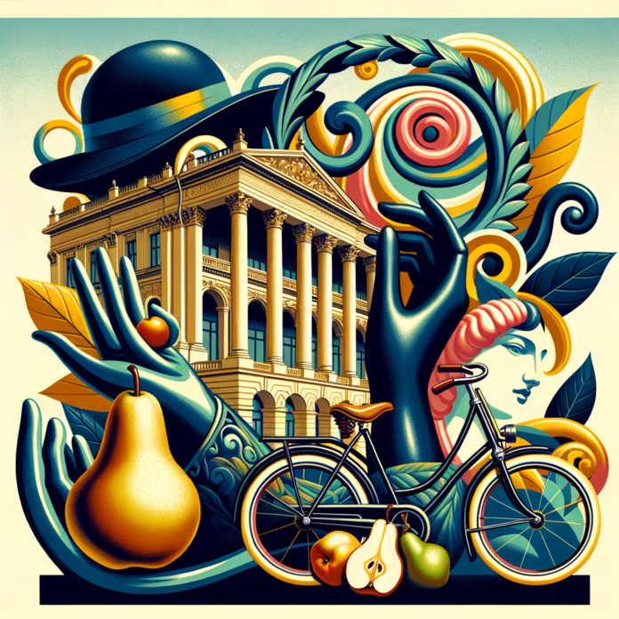 una grande operea in un palazzo classico, con stilizzati, guanti da donna, una bici con sellino, delle per, una mano, un cappello ispirandosi ad un opera di Concetto Pozzati