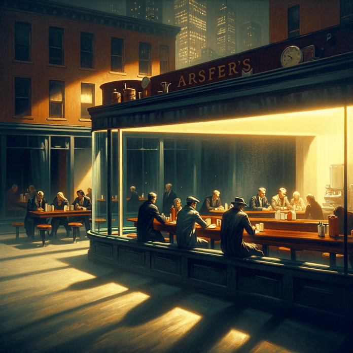 Le opere di Edward Hopper sono facilmente riconoscibili per il loro stile distintivo e l'uso efficace della luce e dell'ombra, che contribuiscono a creare atmosfere di intensa solitudine e isolamento. La luce, spesso quella del tardo pomeriggio o della mattina presto, gioca un ruolo cruciale nel definire lo spazio e nel modellare le emozioni delle figure ritratte. "Nighthawks" (1942): Questo è forse il dipinto più famoso di Hopper, raffigurante poche persone in un diner di città tardi la notte. Nonostante la presenza di figure umane, c'è un palpabile senso di isolamento tra di loro. Le opere di Edward Hopper sono facilmente riconoscibili per il loro stile distintivo e l'uso efficace della luce e dell'ombra, che contribuiscono a creare atmosfere di intensa solitudine e isolamento. La luce, spesso quella del tardo pomeriggio o della mattina presto, gioca un ruolo cruciale nel definire lo spazio e nel modellare le emozioni delle figure ritratte. "Nighthawks" (1942): Questo è forse il dipinto più famoso di Hopper, raffigurante poche persone in un diner di città tardi la notte. Nonostante la presenza di figure umane, c'è un palpabile senso di isolamento tra di loro.