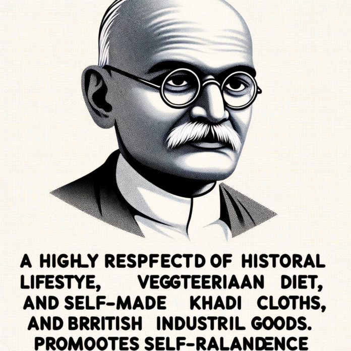 Gandhi, è stato noto per il suo stile di vita semplice, la sua dieta vegetariana e la sua autoprodotto abbigliamento di khadi, che simboleggiava il rifiuto dei prodotti industriali britannici e promuoveva l'autosufficienza indiana.