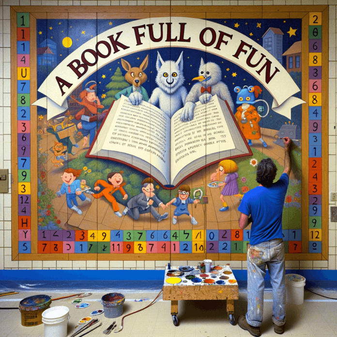 Haring tornò a scuola il 22 maggio 1989 per creare un murale dedicato per la biblioteca, dipingendo direttamente su pannelli di compensato che furono incollati e bullonati alle pareti di blocchi di cemento. Nel murale "Un Libro Pieno di Divertimento" (1989), Haring raffigurò un libro aperto che porta i lettori in un mondo immaginario di animali antropomorfi e persone circondate da lettere e numeri multicolori. rappresenta haring a lavoro Haring tornò a scuola il 22 maggio 1989 per creare un murale dedicato per la biblioteca, dipingendo direttamente su pannelli di compensato che furono incollati e bullonati alle pareti di blocchi di cemento. Nel murale "Un Libro Pieno di Divertimento" (1989), Haring raffigurò un libro aperto che porta i lettori in un mondo immaginario di animali antropomorfi e persone circondate da lettere e numeri multicolori. rappresenta haring a lavoro