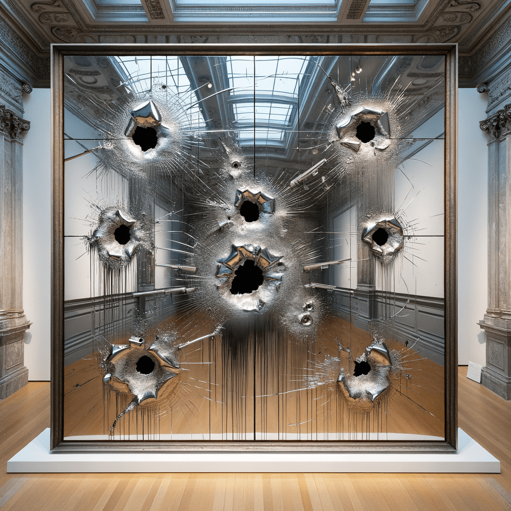 Una nuova opera di Maurizio Cattelan, che verrà esposta alla Gagosian Gallery di New York a partire da martedì 30 aprile, consiste in una grande serie di pannelli specchiati in acciao, ammaccati da piccoli colpi di pistola.