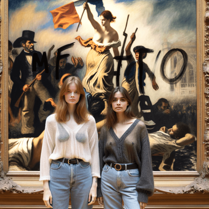 Due donne hanno scritto "MeToo" sul vetro che protegge il dipinto "L'origine du monde" (1866) di Gustave Courbet. Due donne hanno scritto "MeToo" sul vetro che protegge il dipinto "L'origine du monde" (1866) di Gustave Courbet.