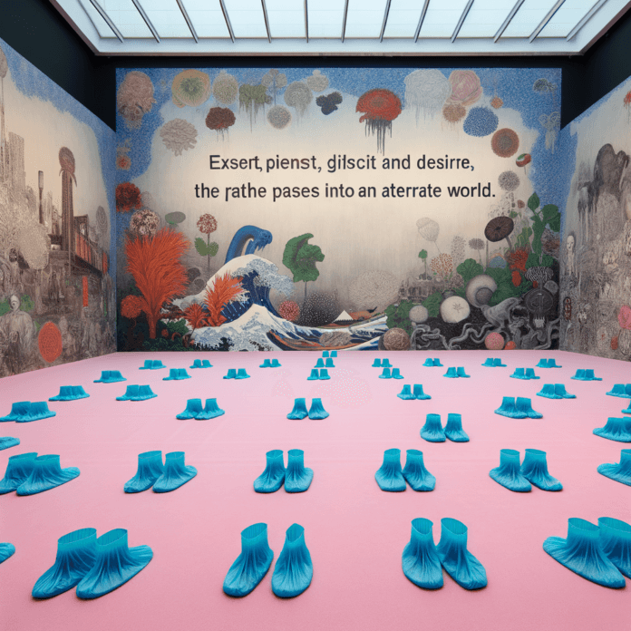 L'intero pavimento rialzato (un palco) dello spazio espositivo è coperto da un tappeto rosa, richiedendo ai visitatori di indossare copriscarpe blu — un dettaglio che accentua la sensazione di entrare in un mondo alternativo. Qui, disgusto e desiderio, il familiare e l'inquietante, il passato e il presente, si fondono in un'esperienza quasi teatrale popolata da grandi tele, disegni, sculture e oggetti ready-made.