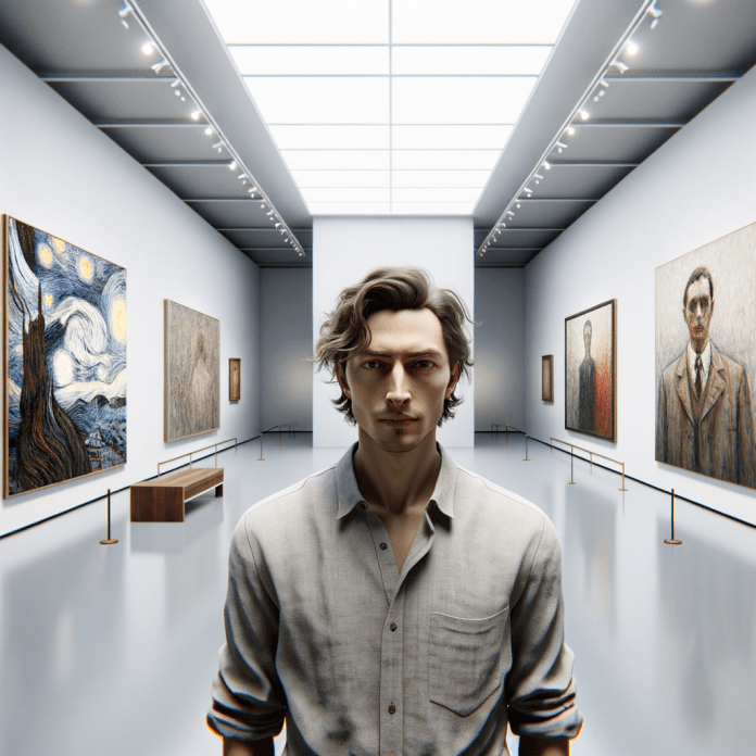 una persona in un museo davanti a 4 opere iconiche dell\'Espressionismo, ricrea ambiente minimale realista