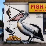 Venerdì scorso, Banksy ha svelato il suo quinto murale in altrettanti giorni, dipingendo due pellicani sul muro esterno del Bonners Fish Bar su Pretoria Avenue a Walthamstow. Uno dei pellicani, con le ali distese e il capo inclinato all’indietro, è raffigurato mentre ingoia un pesce. Accanto a lui, un uccello più piccolo becca uno dei simboli del pesce presente sull’insegna gialla del negozio. Il murale segue la tecnica del stencil e ricalca il tema della fauna selvatica presente nelle altre opere londinesi di questa settimana.