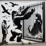 La nuova opera, uno stencil nero raffigurante un gorilla che apre la recinzione dello zoo per far uscire una foca e degli uccelli, è stata accolta con sorpresa dal direttore della struttura