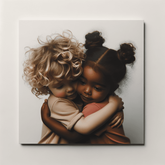 due bambini che si abbracciano, uno con i capelli biondi riccioluti, altro con la pelle scura e due cornetti nei capelli. come fosse raw in fotografia con primo piano, con sfondo bianco