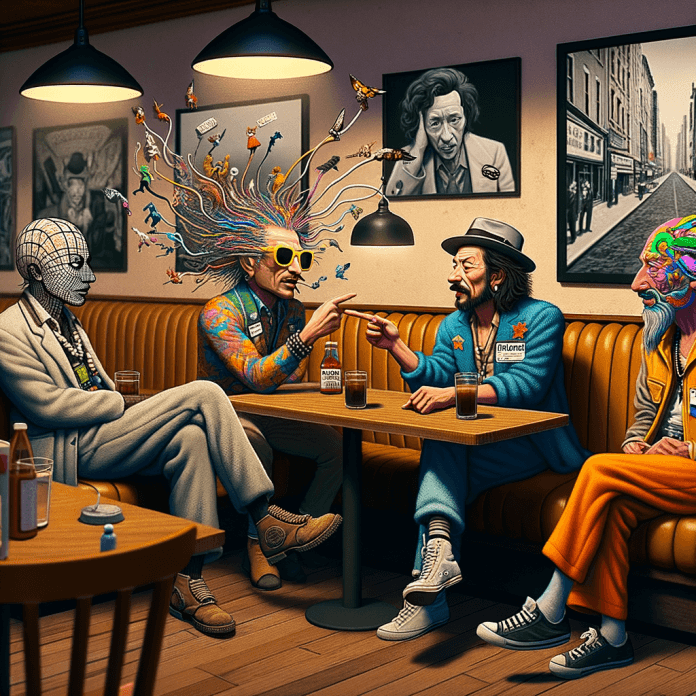 Tre artisti dalle sembianze di Chiara Fumai, JR e Takashi Murakami insieme che parlano in un bar di new york