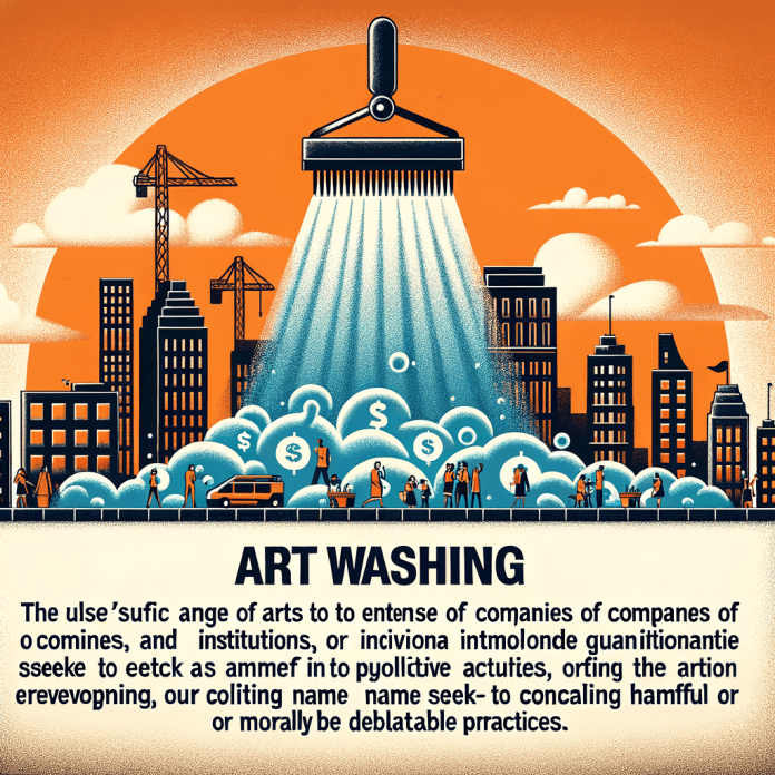 L'Art Washing si riferisce all'uso dell'arte per migliorare l'immagine pubblica di aziende, istituzioni o individui coinvolti in attività discutibili. Attraverso la sponsorizzazione di eventi artistici, l'acquisto di opere o la riqualificazione urbana, queste organizzazioni cercano di associare il proprio nome a valori positivi come creatività e innovazione, mascherando pratiche dannose o moralmente discutibili.