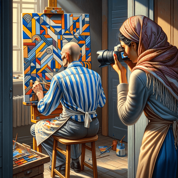 Un artista a lavoro coome fosse picasso, pelato di spalle, con la maglia a striscie blue e bianche, e idetro una fotografa sullo stipite della porta che lo fotograf all'oepra nel suo studio. vorrei una foto realistica e romantica effetto cinema raw