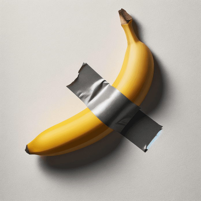una banan attaccata ad un muro bianco, tramite un pezzo di nastro americano grigio