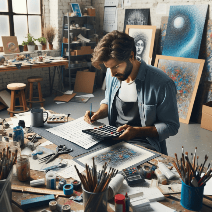 un artista che fa i calcoli amtematici nel suo atelier Il Coefficiente d'Artista è uno strumento fondamentale nel mondo dell'arte contemporanea, utilizzato per determinare il valore economico delle opere d'arte.