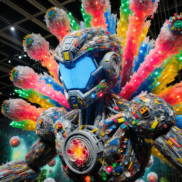 Scopri l'uso di materiali inaspettati, come plastica riciclata e tecnologia LED, nelle creazioni artistiche.