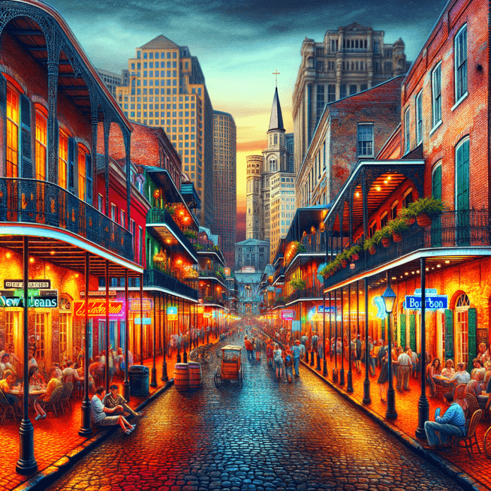 New Orleans e la celebre Bourbon Street nel quartiere francese di New Orleans New Orleans e la celebre Bourbon Street nel quartiere francese di New Orleans
