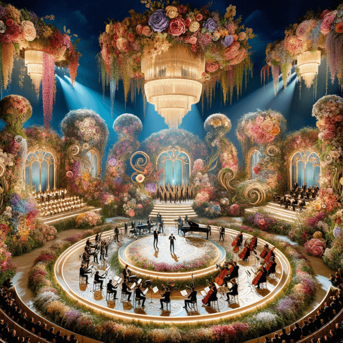 palco floreale con cantatei e orchestra sopra