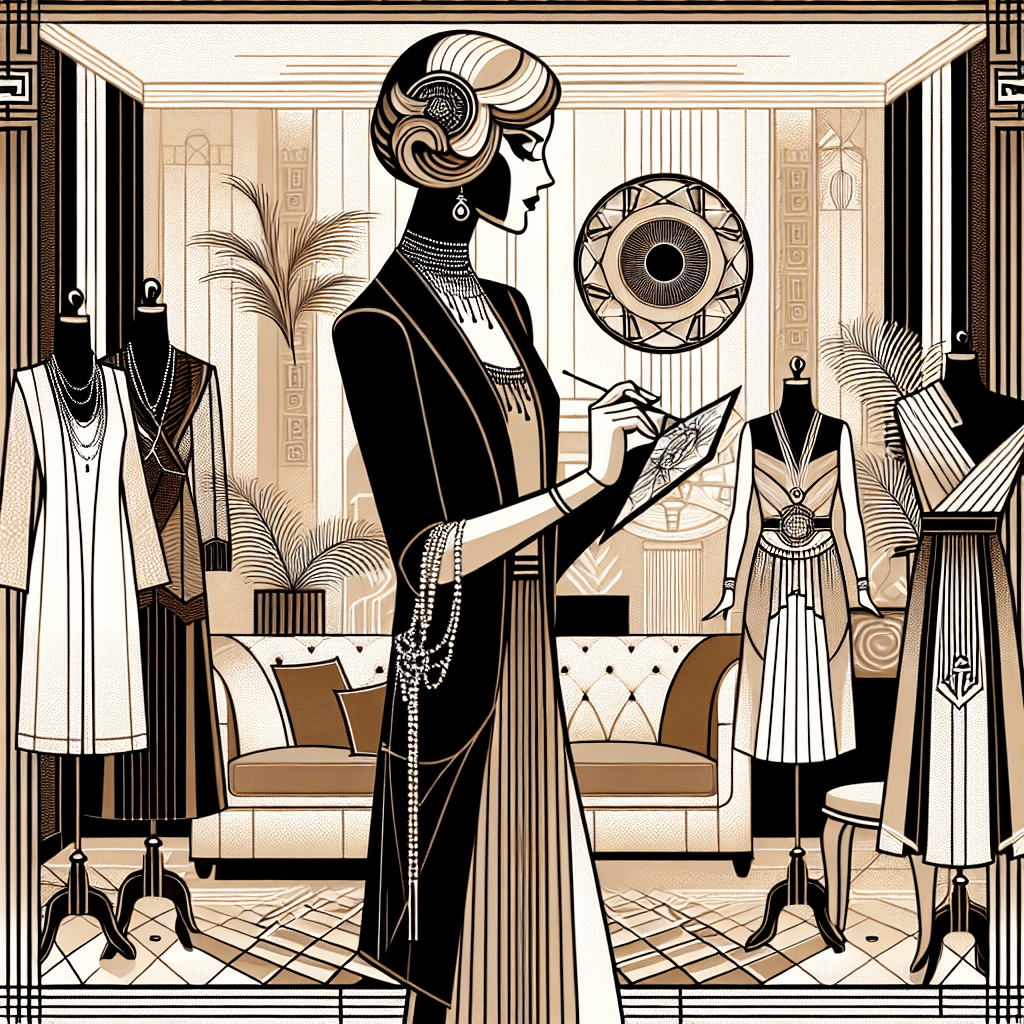 An abstract depiction of a well-dressed and stylish woman in the 1920s. She is poised and elegant, standing in a chic salon room surrounded by intricately designed dresses and accessories. In one hand, she holds a fashion sketch and in the other, a sewing needle and thread. The room's decor features aesthetics typical of the Art Deco period, with geometric designs, luxurious materials, and sleek lines.