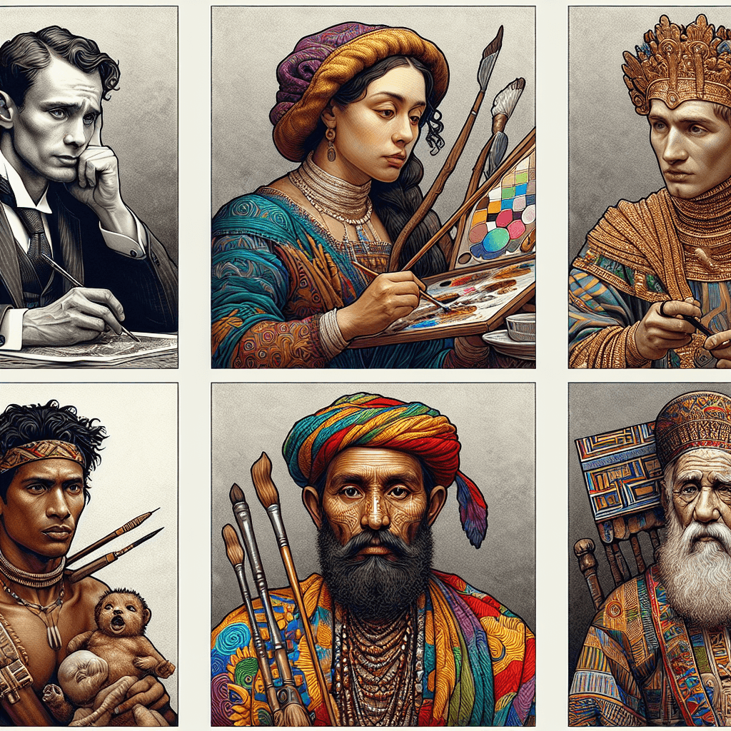 A detailed visual representation of seven different historical self-portraits that have made a significant impact in the world of art. These include, for instance, a struggling artist in the Victorian era with a thoughtful gaze, a Renaissance painter capturing her vulnerability, a court artist from the far East showing the richness of his attire, a pre-modern era South Asian artist in the midst of creating a masterpiece, a Native American artist with vibrant tribal symbols, an artist from Africa with bold geometric designs, and a Greco-Roman artist beautifully capturing his aged wisdom.