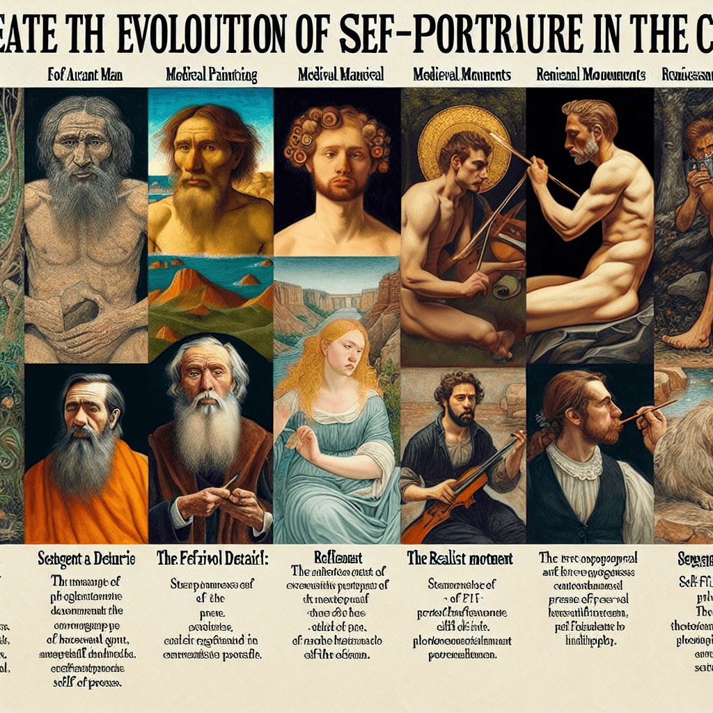 Create a historical timeline depicting the evolution of self-portraiture in art through the centuries. Starting from the cave paintings of ancient man, moving to the intricately detailed illuminations of Medieval manuscripts, the dramatic and emotive works of the Renaissance, the meticulous detail of the Realist movement and finishing with the first photographic self-portraits of the late 19th century. Please do not depict any art created post-1912.