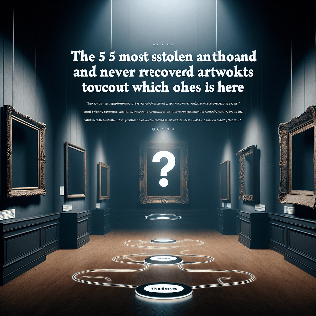 An article header about the 'Top 5 most stolen and never recovered artworks: Find out which ones they are'. The scene contains a museum interior with empty frames on the walls symbolizing missing art pieces. An interactive interface hovers near each frame, displaying a question mark, inviting the reader to discover which masterpiece was here. The atmosphere is dramatic and mysterious, lit up with dim spotlight focusing on the frames.