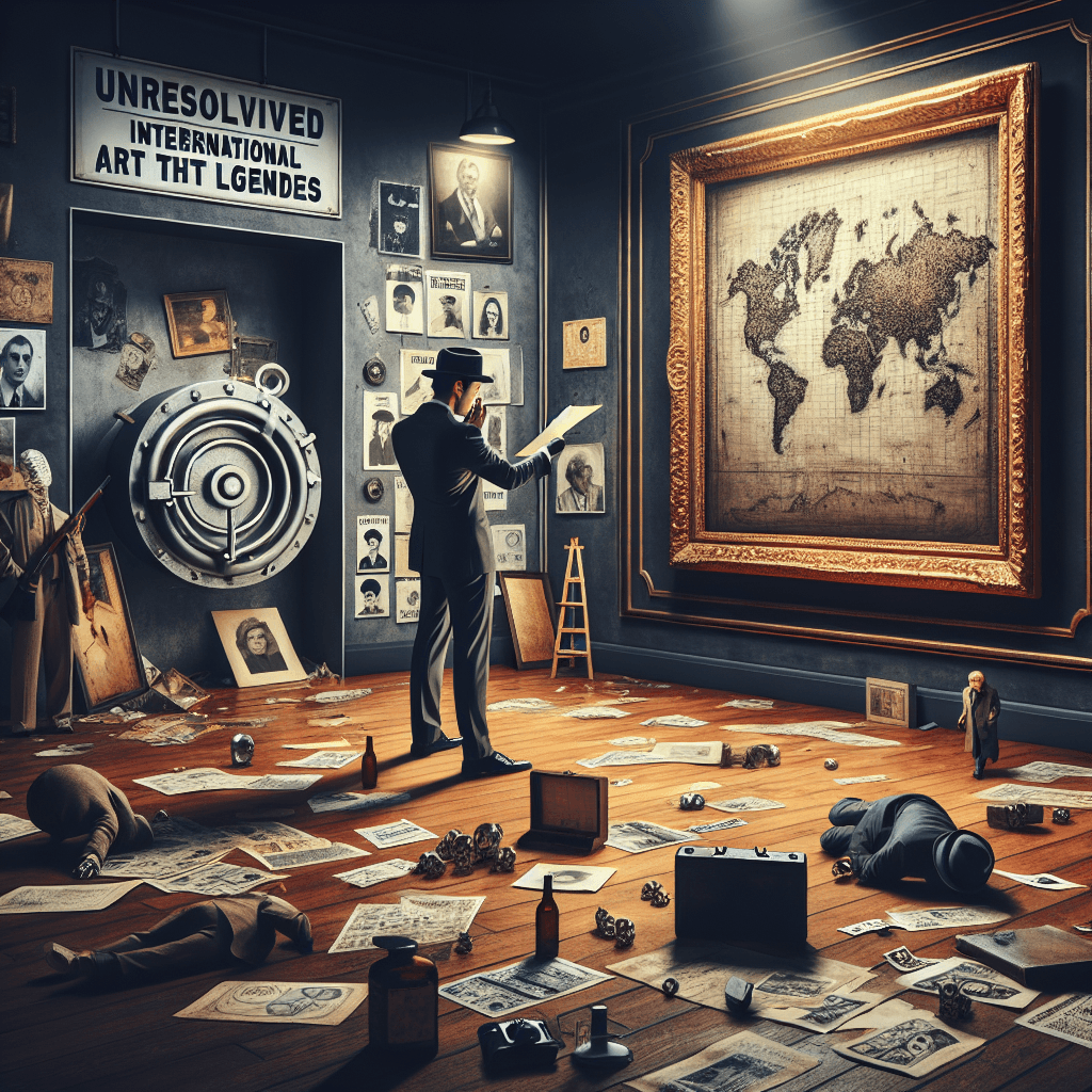 A dramatic scene capturing the mystery and intrigue of unresolved art phenomena: art thefts and global legends. Conceptualize a stylish noir detective in the 1940s, who is of Hispanic descent, analyzing an empty frame in a ransacked art gallery. Artwork scattered across the floor, a tense atmosphere, and clues hinting at an international art theft. Don't forget the backdrop of a massive wall safe with marks of unsuccessful attempts of breaking into it. Incorporate elements of both folklore and true crime drama into the enhanced image.