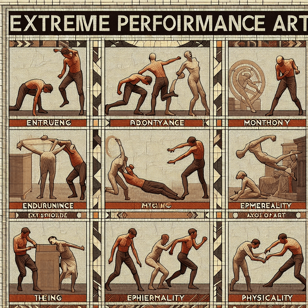 An artistic representation of extreme performance art, digitally crafted. Depict a mosaic of ten different scenes each capturing a unique element of performance art. Ensure each scene includes a performer engaged in a different activity symbolic of their craft, such as endurance, monotony, ephemerality, and physicality. This artwork should encapsulate elements of the unexpected, intense emotion, and the boundary-pushing nature of this form of art. Avoid any specific resemblance to artists post-1912.