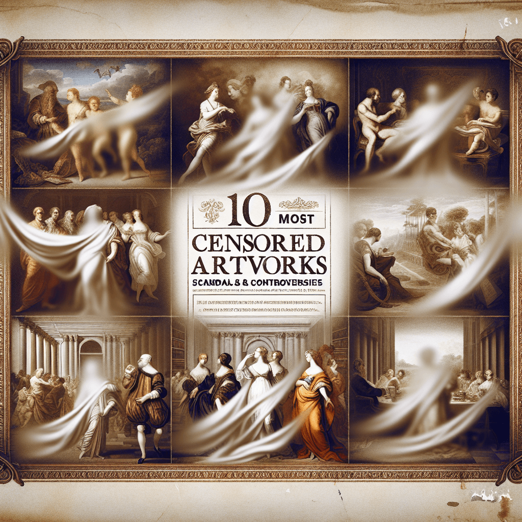 An intriguing image representing ten important art pieces that were once subject to censorship due to scandal and controversy. In the artwork, hints of Baroque, Renaissance, and Romantic art movements can be subtly seen, showcasing a timeline of art history. Such imagery might include a softly tinted old parchment backdrop overlaid with ten mysterious blurred art pieces, shrouded and partially hidden by tasteful, flowing drapes to reflect their once censored status. The text '10 Most Censored Artworks: Scandals and Controversies' in elegant, sober script embellishes the lower part of the image.
