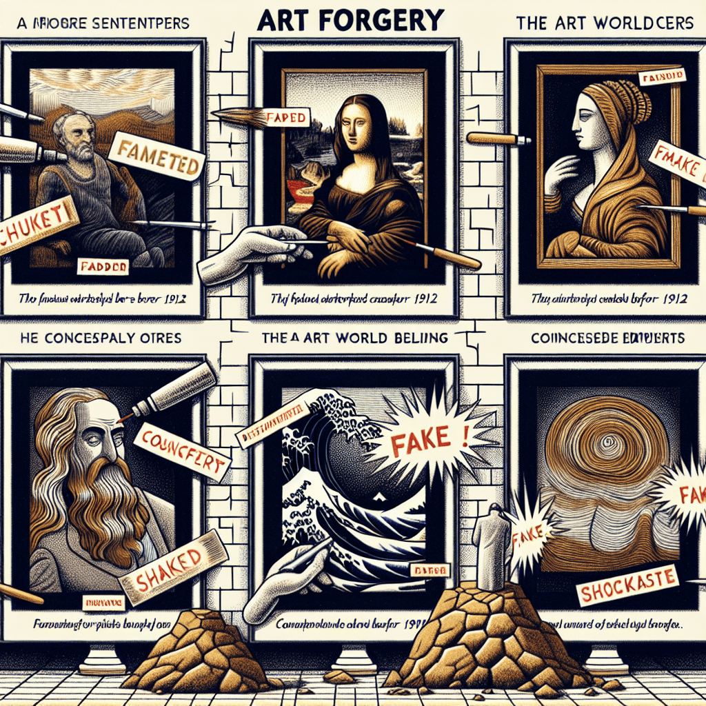 A detailed illustration representing the concept of art forgery. The image should depict five famous artworks created before 1912, subtly modified to indicate they are counterfeits. Think of faded colors, disproportionate details, misplaced objects. Behind these 'fake' masterpieces, conceptual elements like shaken earth or shock waves suggest the notion of the art world being rocked. Each artwork should stand on a pedestal, aligning with the tone of an insightful, scholarly article.