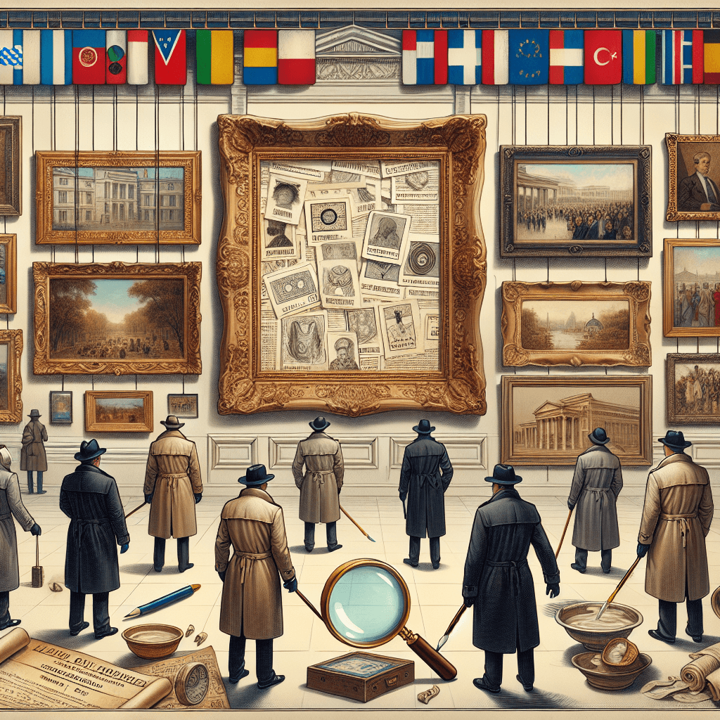 Imagine a detailed image symbolizing art theft mysteries and international investigations. The center of the image is a showcase of seven empty antique picture frames of varying designs and sizes, hinting at the missing paintings. The background depicts scenes like international flags, a magnifying glass scrutinizing a painting, a detective in a trench coat following a trail of paint and an old parchment with a list of clues. Note that the detectives should be representative of varying descents such as Caucasian, Black, Hispanic, Middle-Eastern, and South Asian, and diverse in gender. The atmosphere is suspenseful and intriguing.