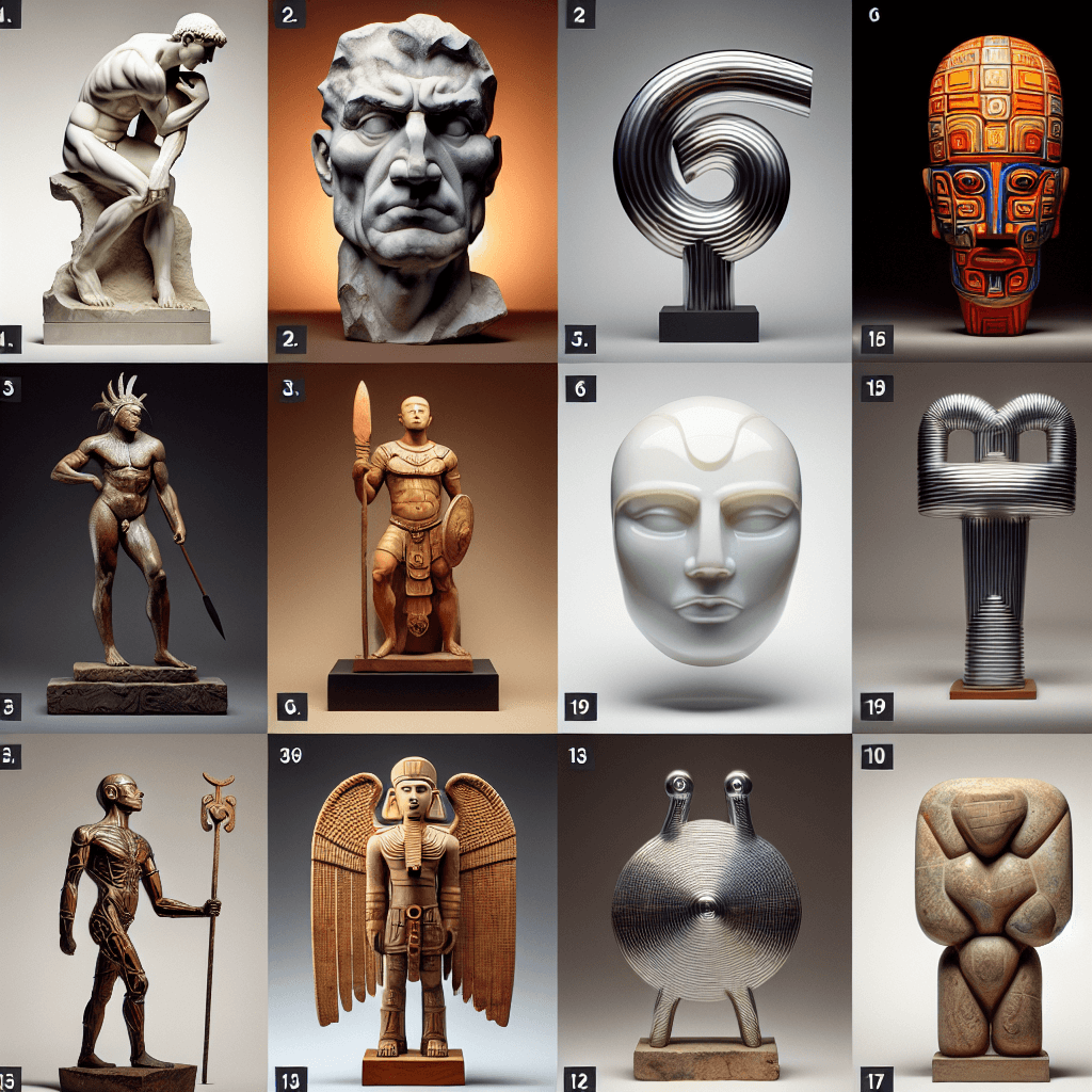 Transform this text into an array of iconic sculptures spanning different art periods and regions: 1. A powerful marble statue from the Renaissance era, mirroring the intensity of Michelangelo's work; 2. A smooth, elegant bronze sculpture from the Romantic period; 3. A wooden totem from Indigenous American art; 4. An ivory-carved figurine symbolic of African tribal art; 5. A terra cotta soldier emanating Ancient Chinese art; 6. A stone-carved godlike figure representing Mayan art; 7. A futuristic neon sculpture representing Contemporary art; 8. A rustic iron-welded sculpture from the Machine Age; 9. A carved limestone figure from the Ancient Egyptian era; 10. A reflective, minimalist metallic shape signifying Modern art.