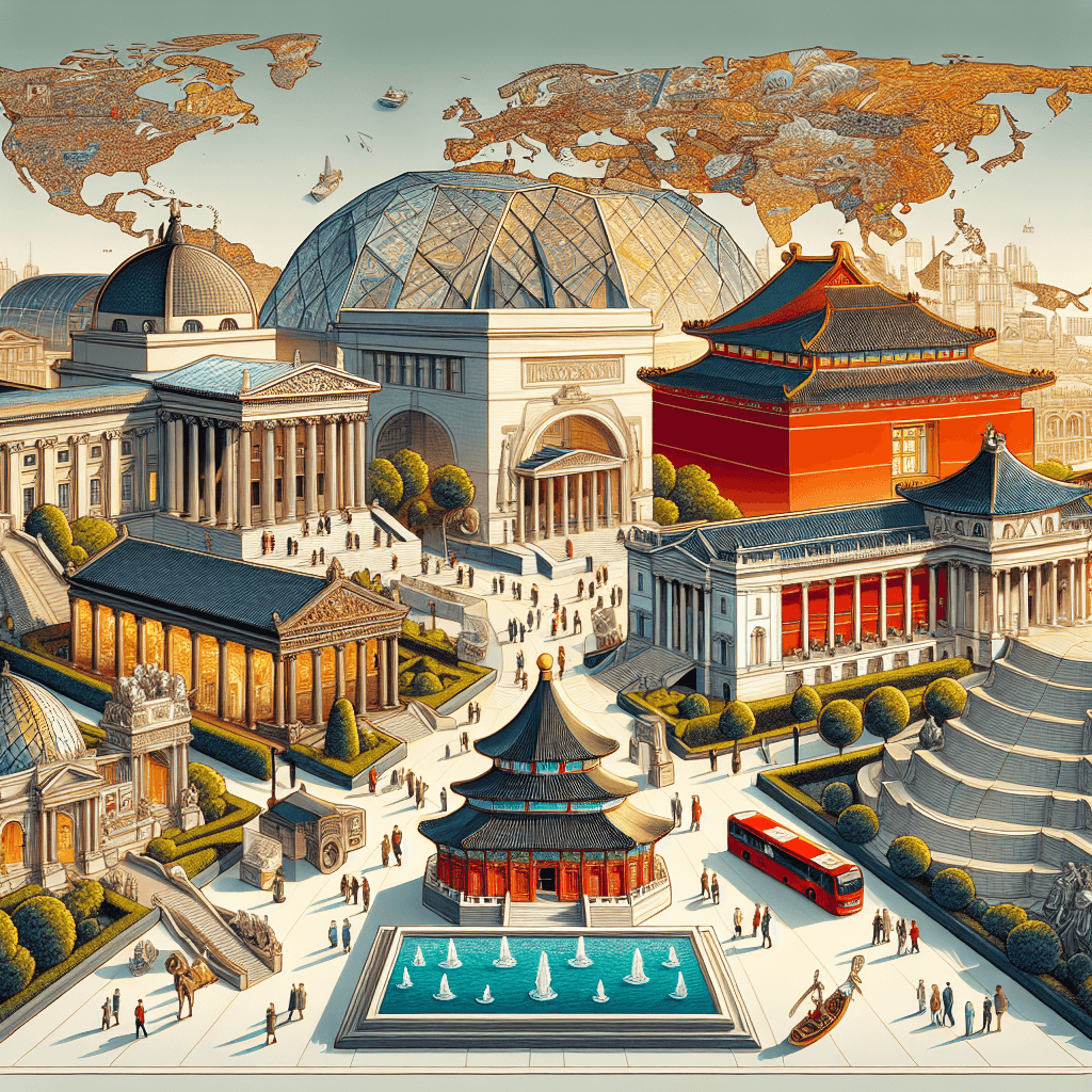 A visually engaging scene depicting the five most visited museums in the world. The image should showcase the unique architectural characteristics of each museum to distinguish them. Set against the backdrop of a world map, think of the British Museum in London with its grand Greek Revival facade, the National Museum of China in Beijing with its imposing red walls, The Louvre in Paris with its iconic pyramid entrance, The Metropolitan Museum of Art in New York with its stunning Beaux-Arts edifice and the Vatican Museums in Rome with their circular courtyard and beautiful frescoes. Blending art and geography, this should be an illustrative guide to these prestigious institutions.