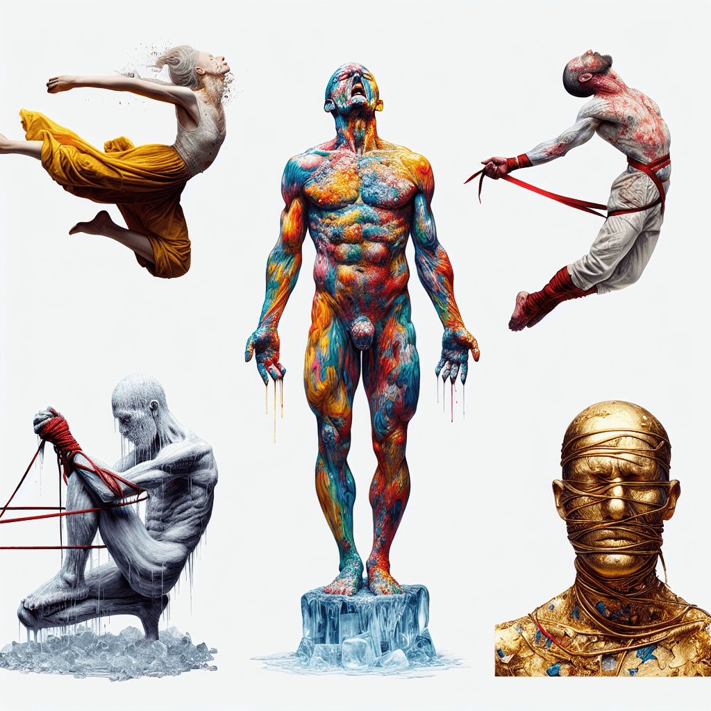 A detailed rendering of five extreme performance art pieces that heavily utilise the human body and provoke strong reactions. These include: a figure deep in dance, their body contorted in a painful yet beautiful pose; a person covered in multicoloured paint, standing against a stark white background; an individual partially submerged in ice, showcasing their endurance against extreme elements; a performer wrapped in red ribbon, suspended from the ceiling; and finally, a person with a face covered in gold leaf. Please note that these performances should not depict any real events or individuals, ensuring the image remains sensitive and suitable for all audiences.