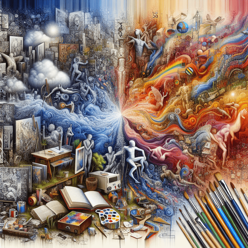 A vivid, detailed image representing the revolutionary transformation of the art world over the last 50 years. Depict a variety of canvases and works of art symbolizing various art movements' evolution, displaying drastic changes in form, theme, and technique. This includes a dramatic shift from traditional to digital art, including abstract expressionism, digital and 3D art. Also display some art materials changing over time, like paintbrushes giving way to stylus pens and graphic tablets.
