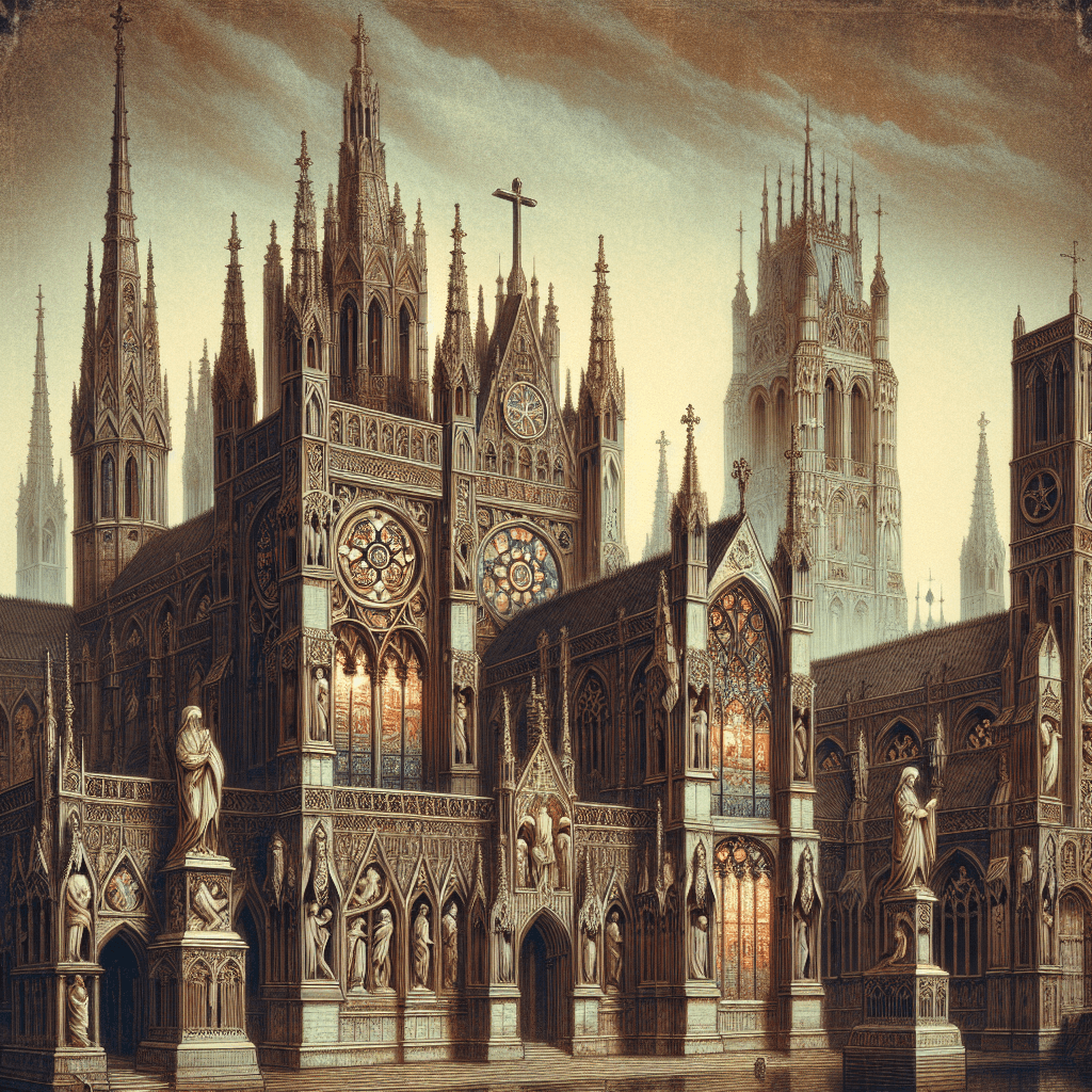 A Gothic art scene depicting a prime example of medieval architecture. The scene includes tall spires, pointed arches, intricate sculptures, and stained glass windows. Symbols typical of this era such as crosses, pentacles, and historical figures are present. The buildings are built of stone, illuminated under a subtle, light gray sky. There's a sense of grandeur, mystery, and spirituality in this image, reflecting the beliefs and artistic innovations of the medieval period.
