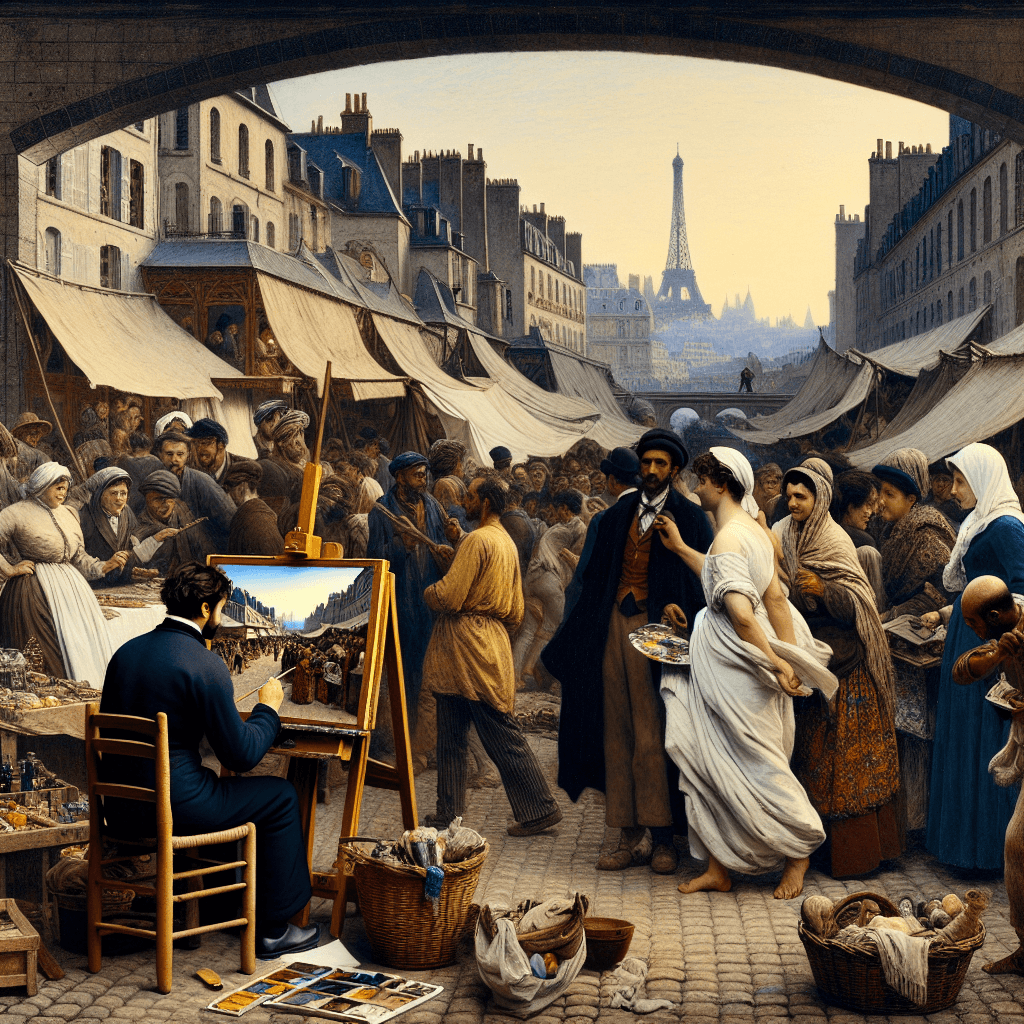 Visualize a scene relating to 'Realism in Painting: Truth and Life in 19th Century France'. The foreground of the image should depict an artist at work, a male painter of Caucasian descent painstakingly recreating a bustling French market scene on his canvas. Surrounding him, the actual market scene comes to life with diverse individuals of different descents such as Middle-Eastern and Black, involved in various activities - bartering goods, conversing, and strolling about. The contrast between the painted world and the actual world around should echo the realism movement in painting from the late 19th century.