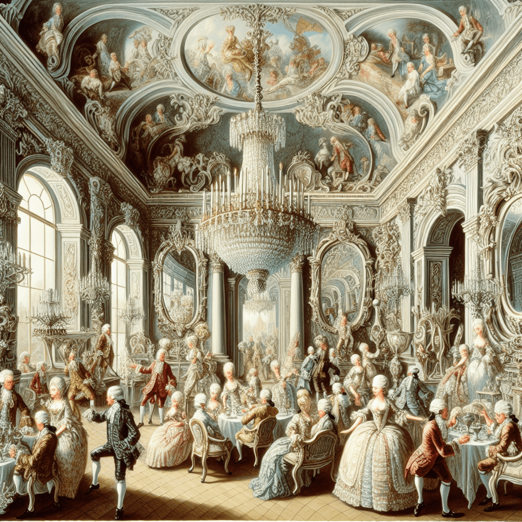 An elaborate image representing the Rococo era, embodying its characteristics of elegance and revolutionary art. Focus on architectural marvels, luxury furniture, and decor items that typify this period. Include ornate mirrors, chandeliers, and delicate pastel color schemes. Depict a lively, sociable scene, perhaps a high-society gathering, with people dressed in period clothing. To represent the criticism, subtly infuse elements of satire or caricature into the highbrow setting. Avoid representations of any specific public figures or artists from the era.