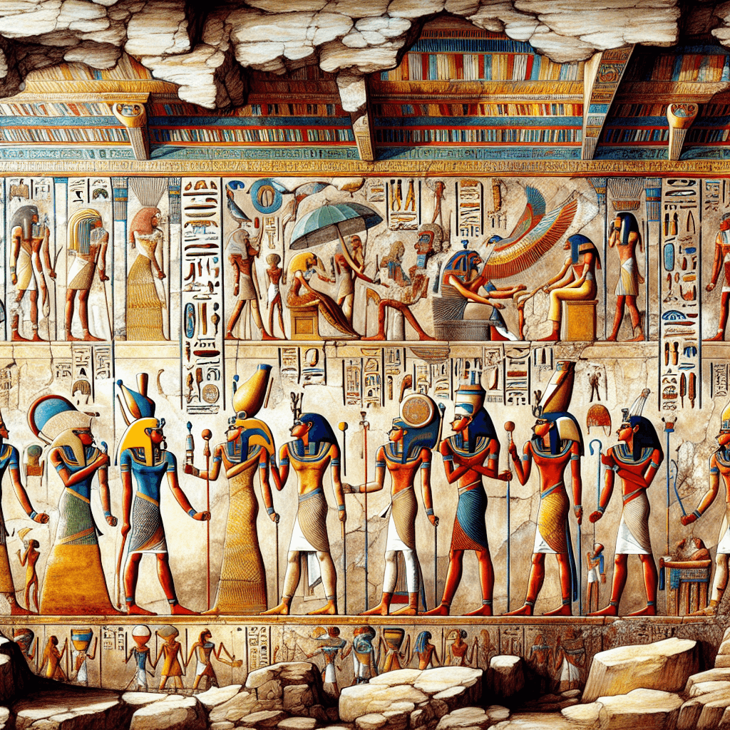 A detailed and vivid depiction of Ancient Egyptian Art: its secrets and techniques showing the wonders of the past. The scene represents undecorated limestone walls of an ancient tomb, adorned with frescoes in vivid colors. Illustrate hieroglyphic scripts showcasing stories of gods and royalty with their ceremonial attire, intricate jewelry, and mythical creatures. Don't forget to emphasize the flat and frontal figures, a distinctive trademark of Ancient Egyptian art.